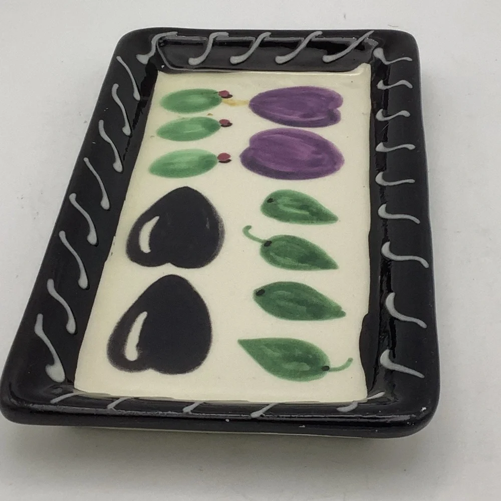 Vintage Crate&Barrel Hand Painted Ceramic Dipping Tray with Olive Design